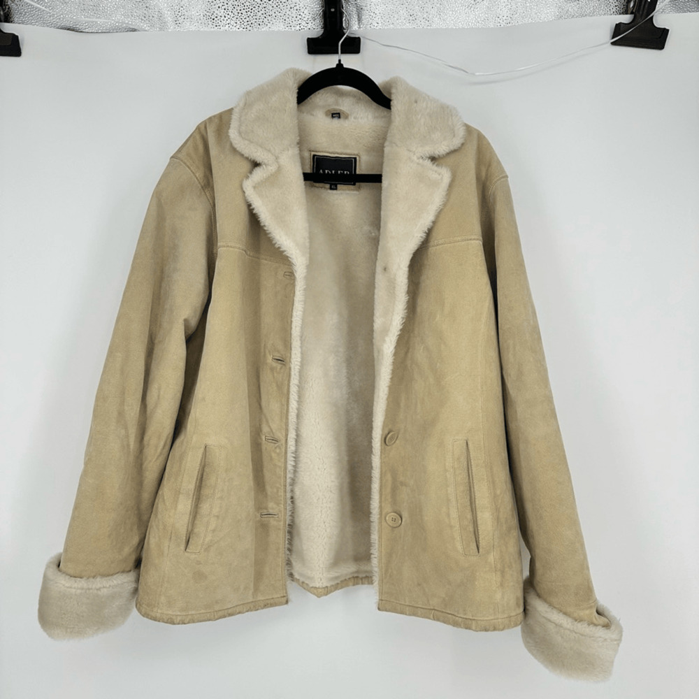 Womens XL Suede Faux Fur Lined Winter Jacket Pockets Cream Boho 70s Style - Picture 15 of 15